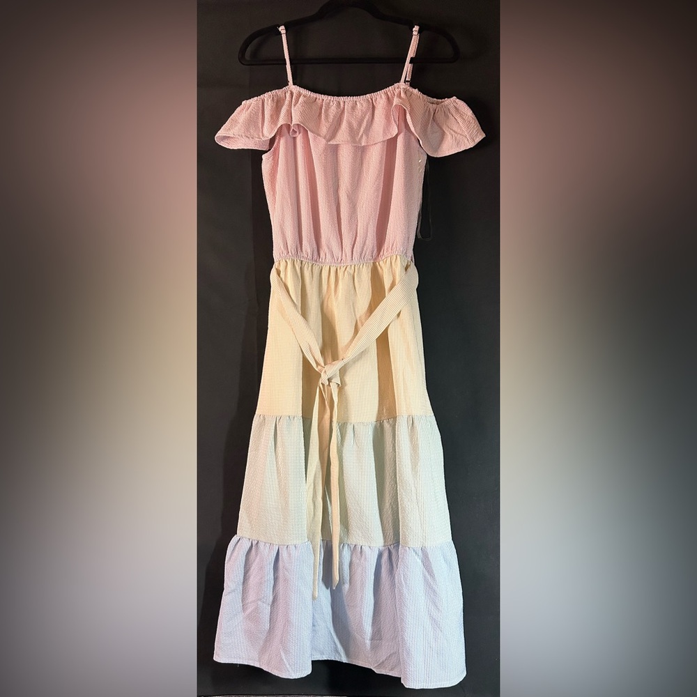 Andree by Unit Tiered Midi Dress Small Pastel Colorblock Off Shoulder